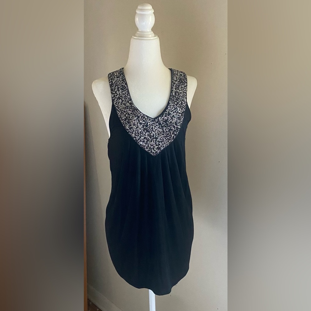 Black Sleeveless Top with Patterned beaded silver Neckline